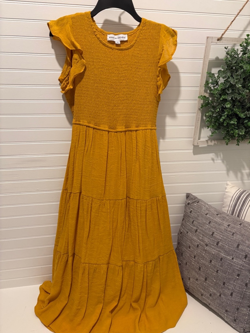 Emma & Michele Mustard Smocked Flutter Sleeve Maxi Dress